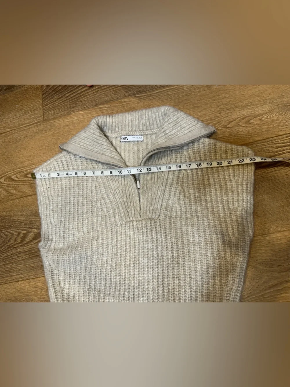 Zara Cream Ribbed Cropped Turtleneck Zip Sweater wool blend with tie waist - Picture 5 of 10
